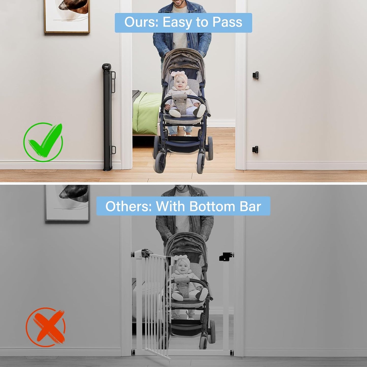 probebi Retractable Baby, Child & Dog Gates for Stairs, Extends to 54" Wide 34" Tall, Use for Outdoor, Indoor, Hallways, Doorways, Deck, Porch, Black