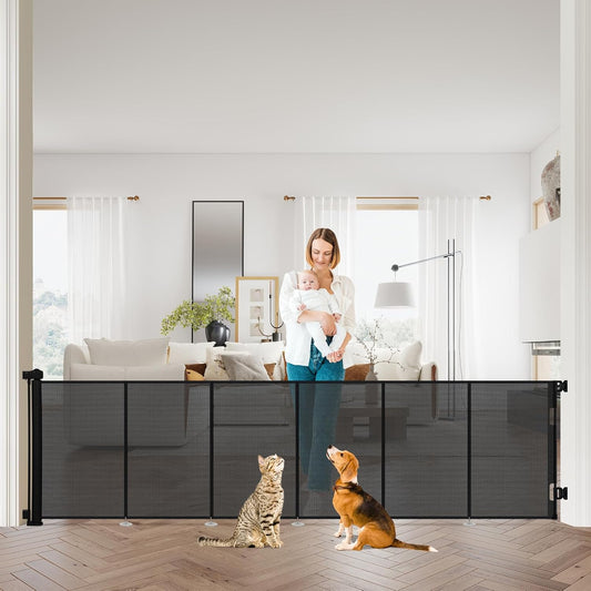 47" Extra Tall Retractable Baby Gates, Extends to 71" Wide, ExtraTall Retractable Safety Gate with Reinforced Strips, Retractable Tall Dog Gates for Doorways Mesh Baby Pet Gates Indoor, Grey