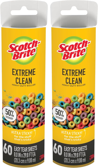 Scotch-Brite Extreme Clean Large Lint Roller, 50% Stickier*, Heavy Duty for Removing Debris and Pet Hair on Clothes, Furniture, Cars, Offices & More, 1 Pack, 60 Adhesive Sheets Total