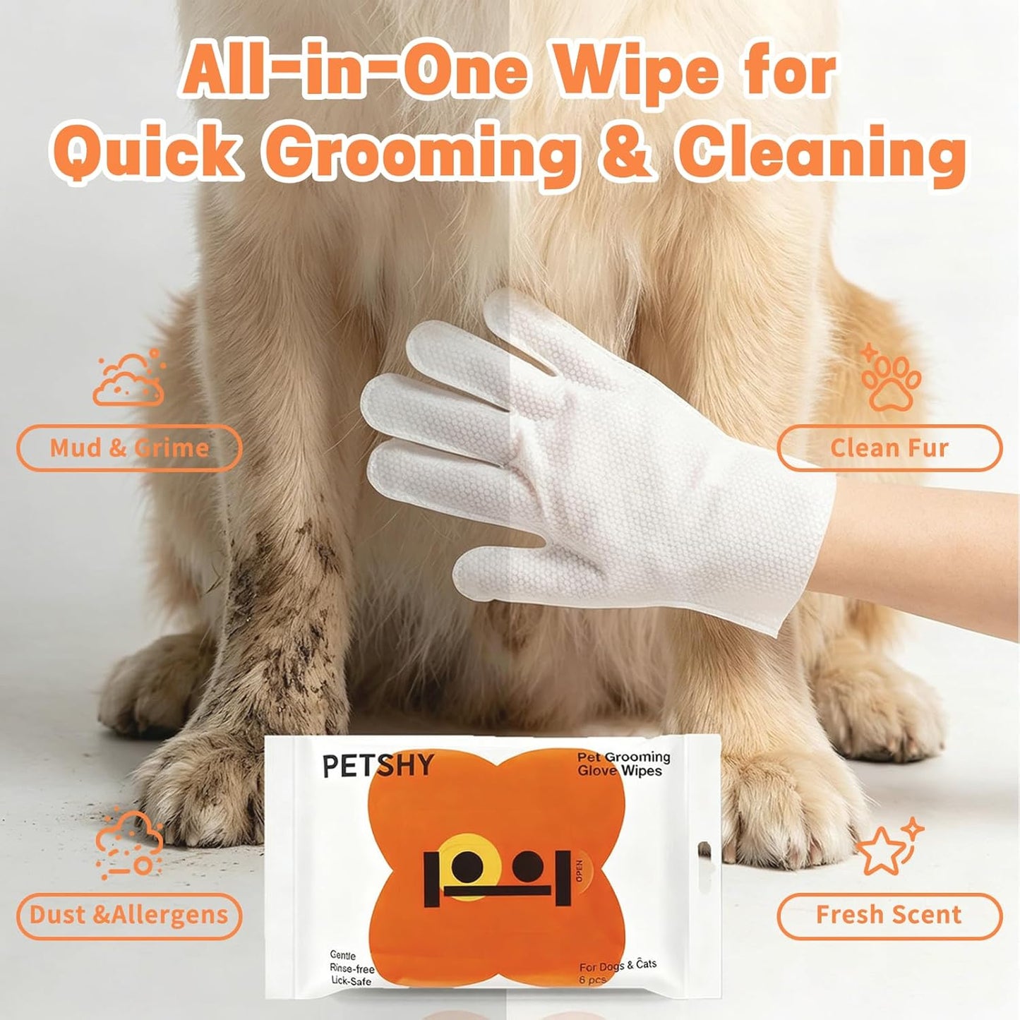 12 Count Hypoallergenic Pet Wipes for Dogs & Cats - Unscented Grooming Glove Mitt for Paws, Butt, Face, Ears & Fur - Portable & Gentle Cleaning, 6 Count x 2 Pack