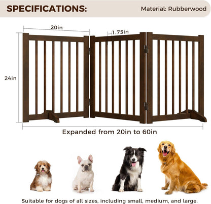 36" H Freestanding Dog Gate, Solid Wood Foldable Pet Gate with Support Feet, Wooden Tall Dog Gate for Doorway, Stairs & Indoor Use, 60" Wide Expandable Pet Fence, 3 Panels, Walnut