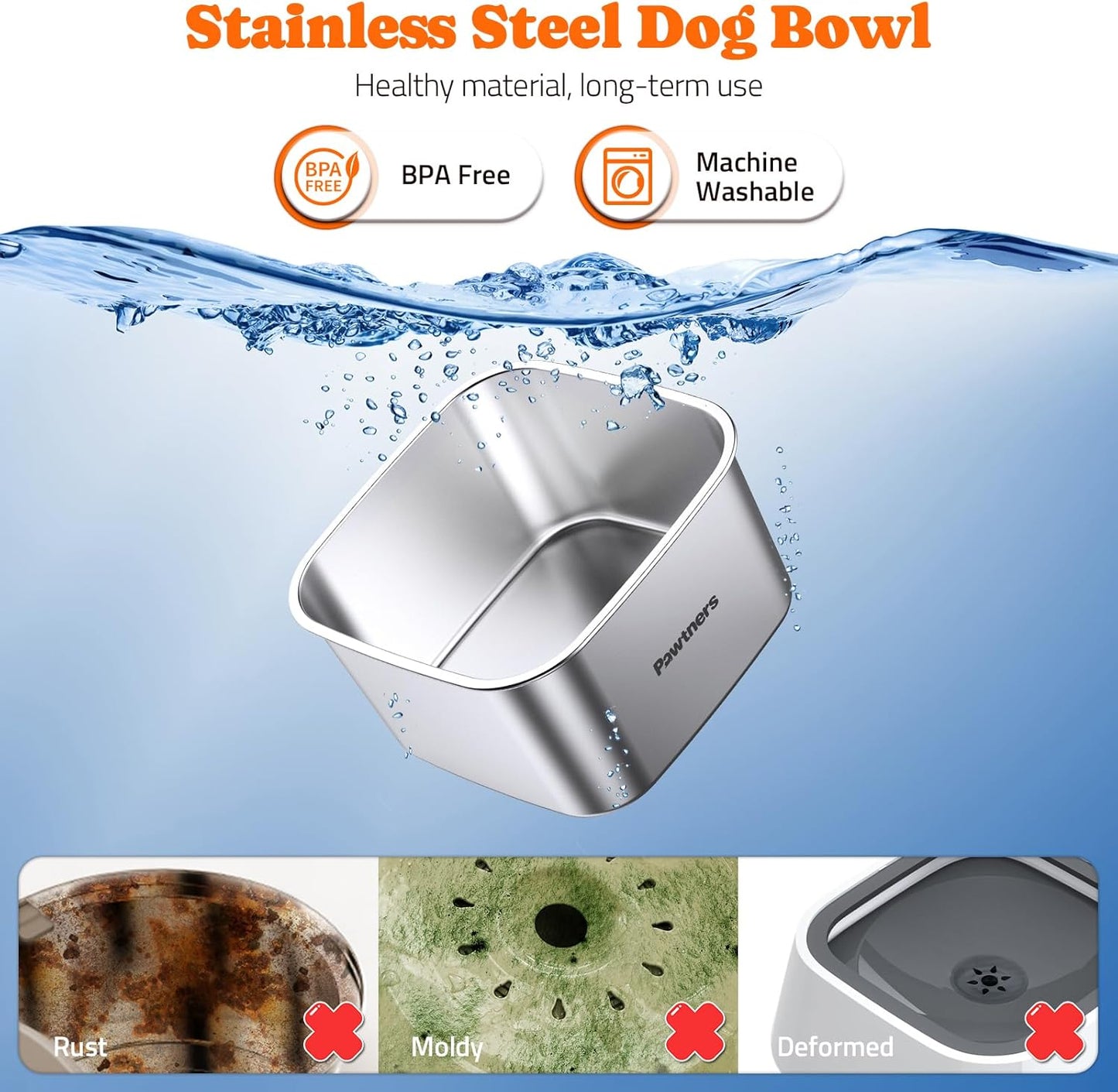 Pawtners All Stainless Steel Dog Water Bowl No Spill,135oz Anti-Splash Dog Bowl with Non-Slip Base, Spill Proof for Medium Large Messy Drinkers, Slow Drinking, Slobber Stopper,Easy to Clean