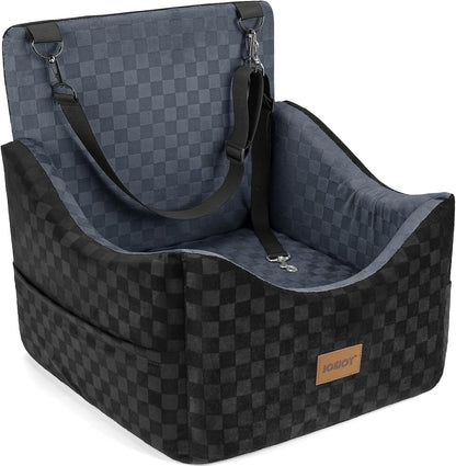 JOEJOY Elevated Dog Car Seat for Small/Medium Dogs up to 35 lbs, Memory Foam Booster Seat with Detachable Washable Cover, Travel-Safe Car Bed with Safety Belts & Storage Pockets, Grey