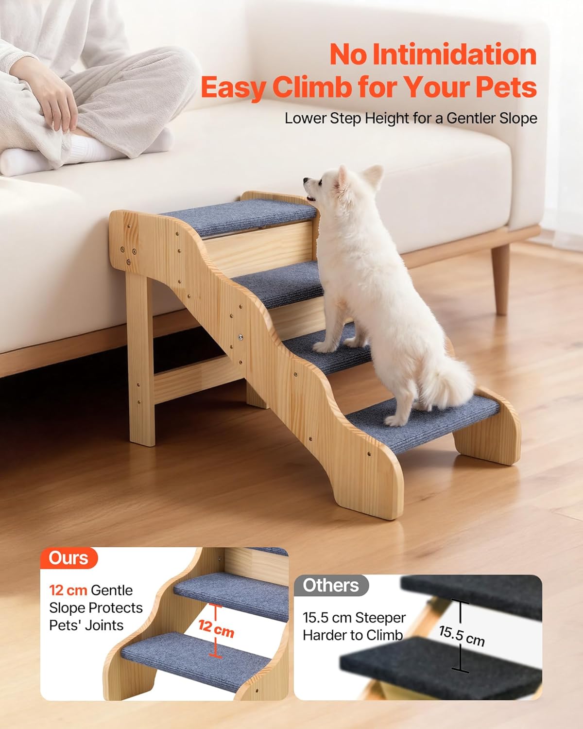 VEVOR Wood Pet Stairs, 2-Step Dog Stairs for Beds, Sofa & Cars, 110lbs Load Capacity, Floded Flat Design, Stable & Sturdy Cat & Dog Step Ladder for Small Medium Large Older Pet Puppy Essentials
