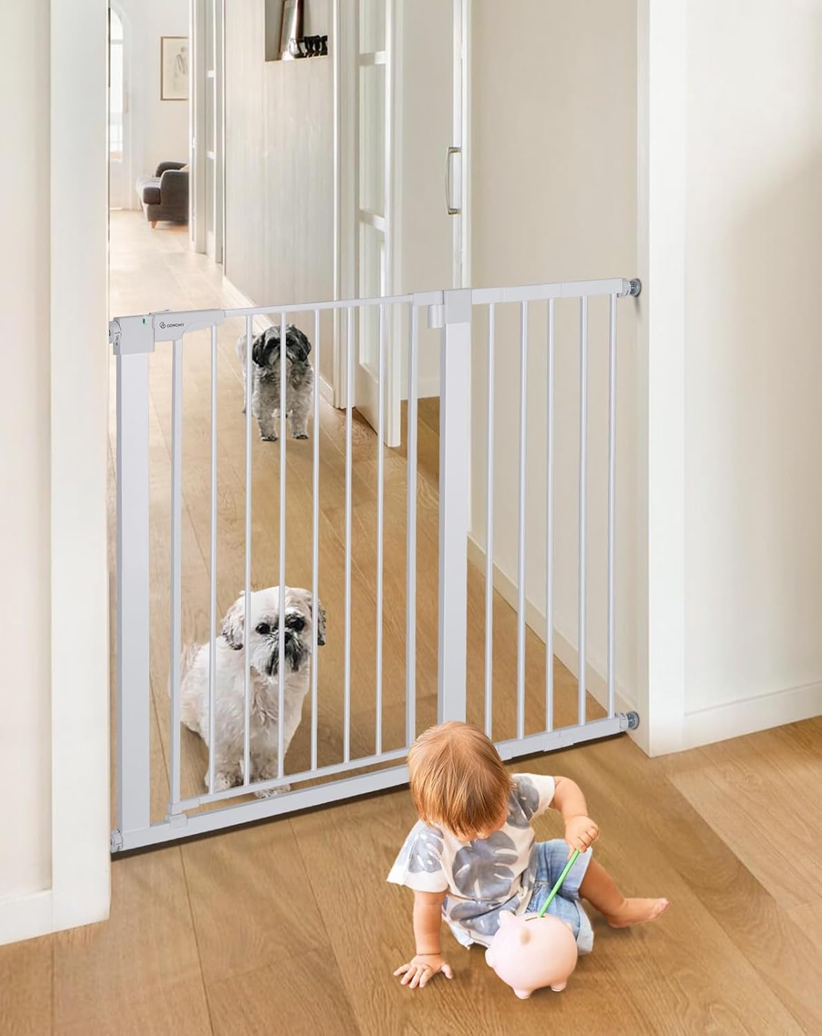 COMOMY 36" Extra Tall Baby Gate for Stairs and Doorways - Fits 29.5" to 48.8" Wide Openings, Auto Close Extra Wide Dog Gate for House, Pressure Mounted Easy Walk Through Pet With Door, Black