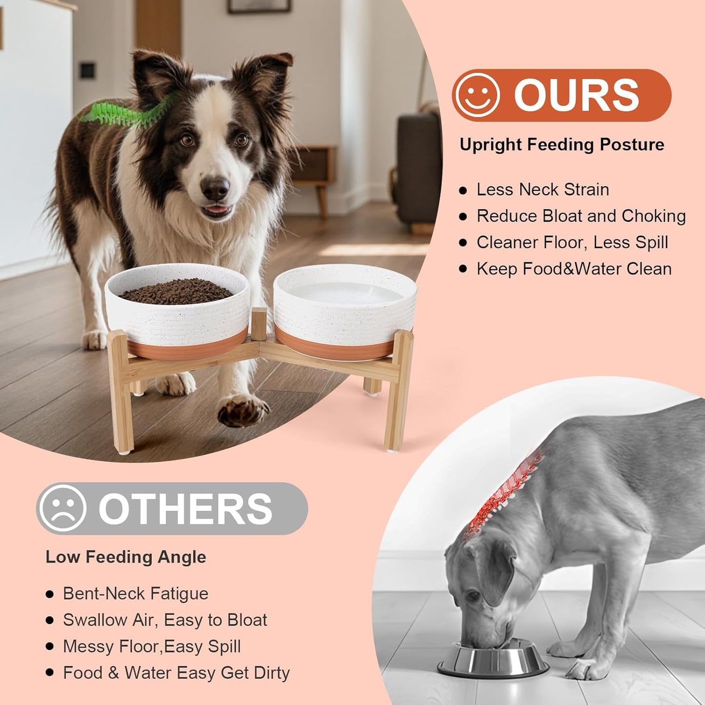 SPUNKYJUNKY Elevated Dog Bowls Ceramic, 6.1'' Dogs and Cat Food Water Bowls Raised with Non-Slip Bamboo Stand for Medium Sized Breed Microwave Dishwasher Safe - 28.7 OZ,Beige