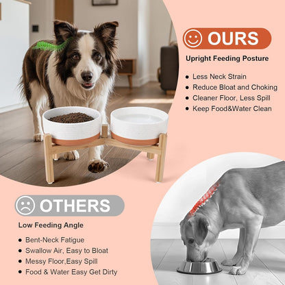 SPUNKYJUNKY Elevated Dog Bowls Ceramic, 6.1'' Dogs and Cat Food Water Bowls Raised with Non-Slip Bamboo Stand for Medium Sized Breed Microwave Dishwasher Safe - 28.7 OZ,Beige