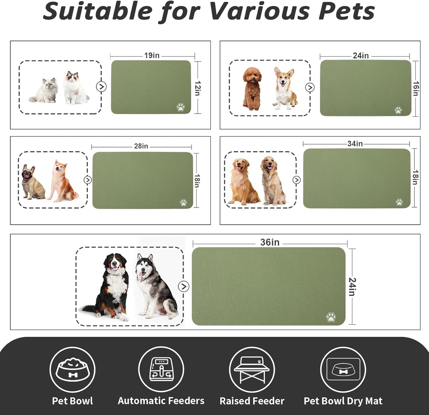 HotLive Dog Food Mat - Absorbent Cat Mat for Food and Water, No Stains Pet Feeding Bowl Mat, Easy to Clean Pet Placemats, Quick Dry Dog Water Dispenser Mat for Messy Drinkers | Paw Dark Grey 12"x 19"