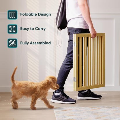 Freestanding Dog Gates Indoor, 3-Panel Pet Gates with 2 Metal Stands and 360° Hinge, 24" H Foldable Dog Gate for Stairs, Doorway, Kitchen, Expands Up to 55" Fully Assembled - Black Walnut