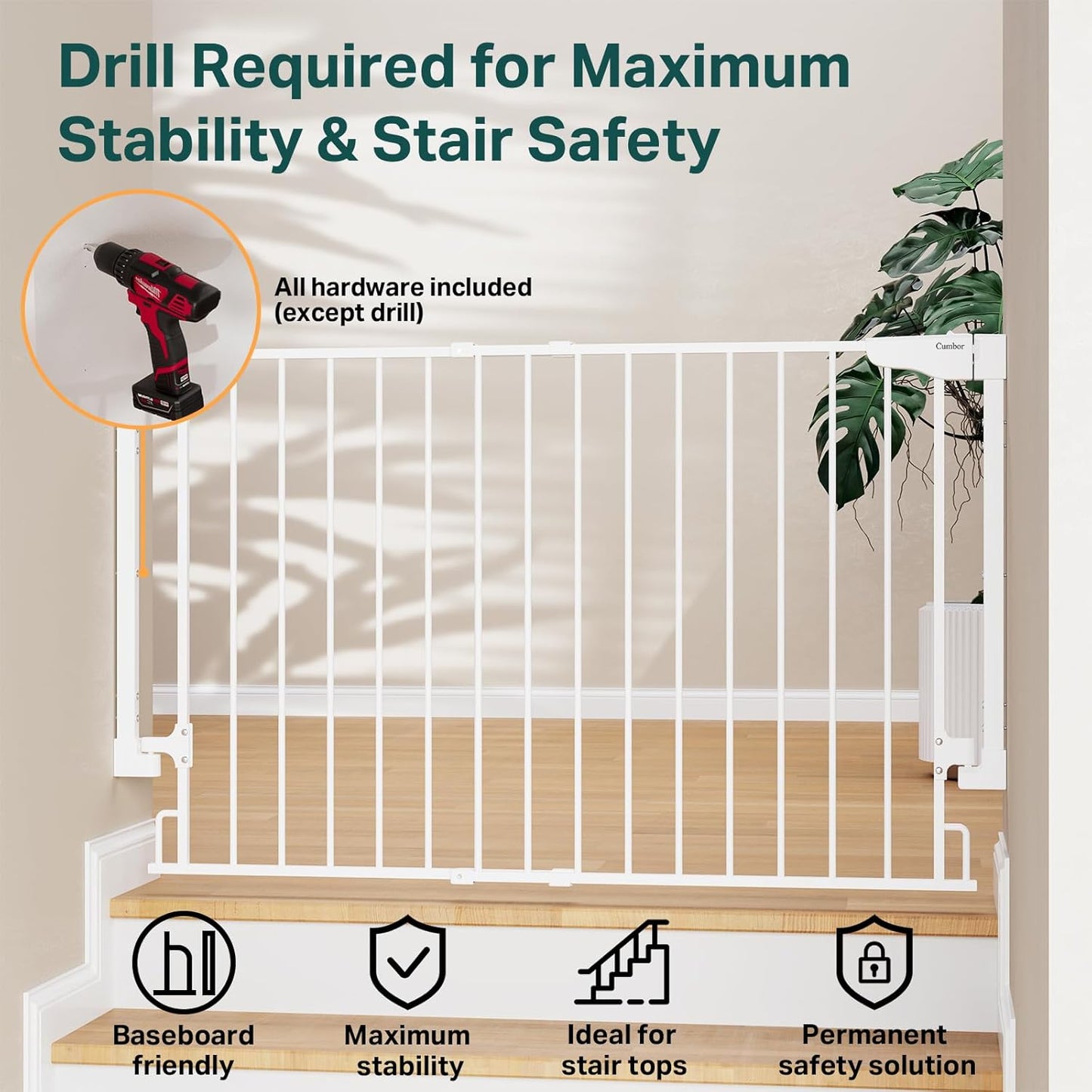 Cumbor 29.2–43" Baby Gate for Stairs, Hardware Mounted (Drill Required), Expandable No Bottom Bar Dog Gate, Auto Close Extra Wide Walk Thru, Pet & Toddler Proof Gate, Top & Bottom of Stairways(Black)