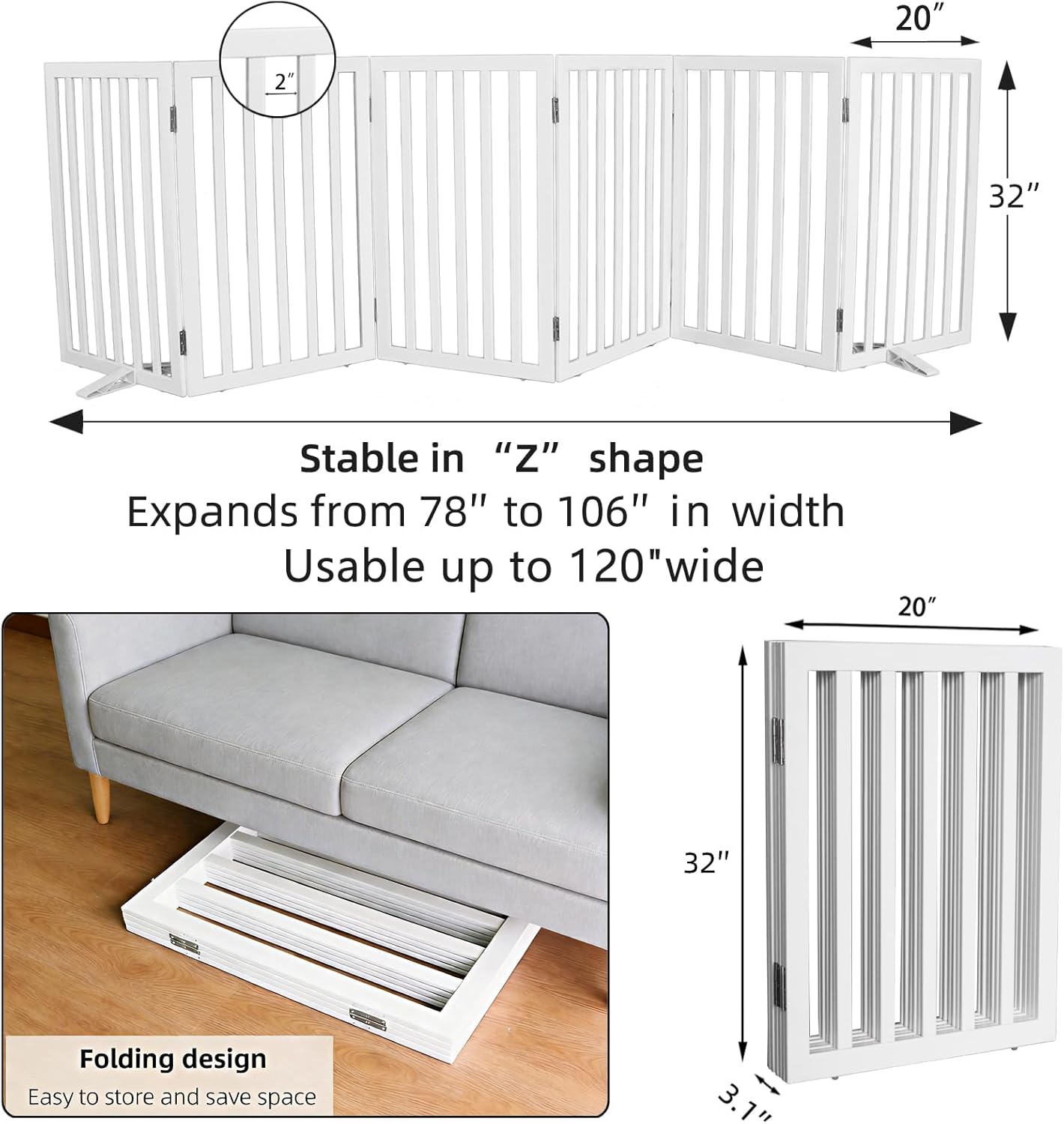 ZJSF Freestanding Indoor Dog Gate for House Foldable Wood Puppy Gate for Doorways Pet Gate for Stairs Extra Wide Pet Fence, Brown, 24" Height 3 Panels