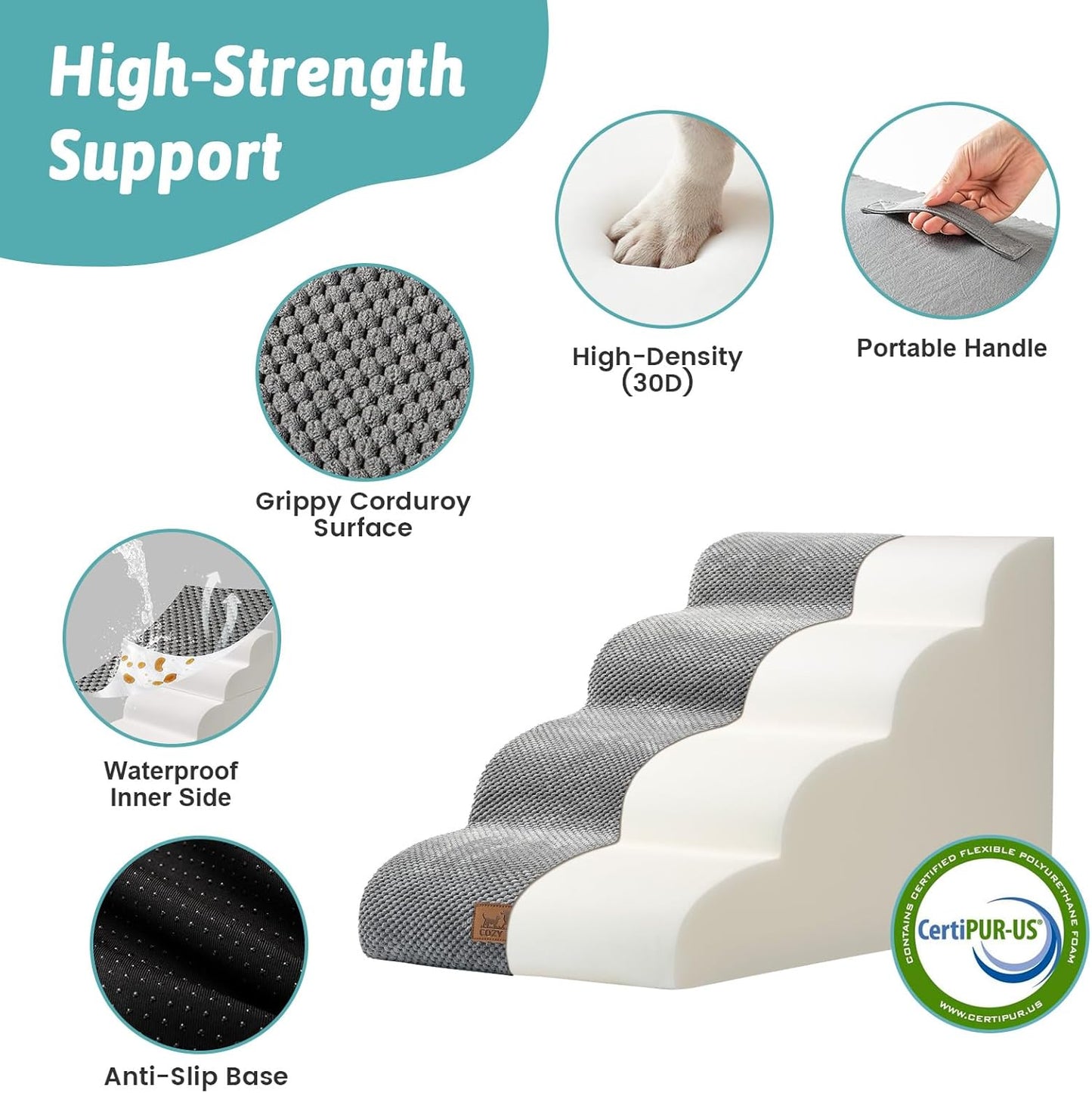 COZY KISS Dog Stairs for Small Dogs 15.7" H, 4-Step Sturdy Foam Dog Steps for Couch and Bed, Curved Pet Stairs for Puppy and Older Cat, Doggie Ladder with Washable Cover, 15.7x28.3x15.7 inch, Beige