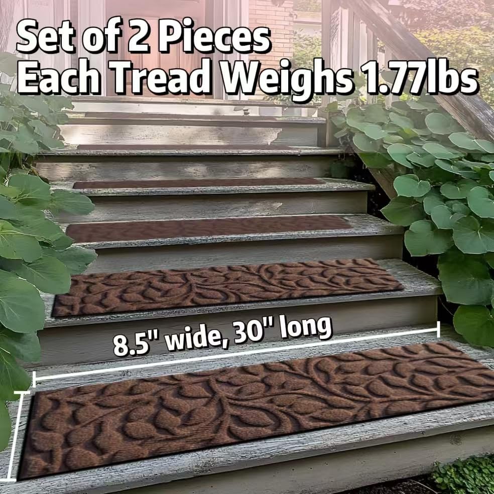 Aucuda Stair Treads Outdoor for Elders and Dogs on Wooden Steps, 30" x 8.5" (2pcs )Non Slip Stair Runner Rug Heat Insulation Rubber Backing, Gray Floral Staircase Mat Carpet for Indoor Grip Farmhouse.
