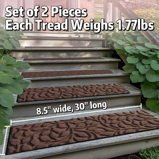 Aucuda Stair Treads Outdoor for Elders and Dogs on Wooden Steps, 30" x 8.5" (2pcs )Non Slip Stair Runner Rug Heat Insulation Rubber Backing, Gray Floral Staircase Mat Carpet for Indoor Grip Farmhouse.