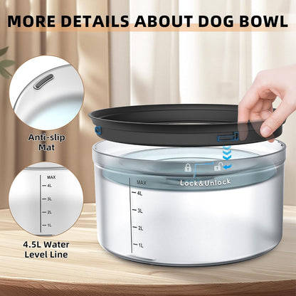 Decflow 1.2Gallon Dog Water Bowl No Spill, 4.5L Large Capacity Spill Proof Dog Bowls with Transparent Floating Disk, No Splash Slow Drinking Dog Bowl for Sloppy Messy Drinkers (Clear)