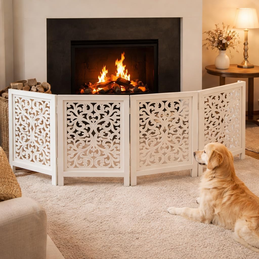 Freestanding Pet Gate for Dogs, Foldable Wooden Dog Gate for House, Indoor Dog Gate for Stair, Doorway, House Design Gates for Dogs Indoor, 72 Inch Wide, (18" x4 Panels 72 inch), Burnt Finish