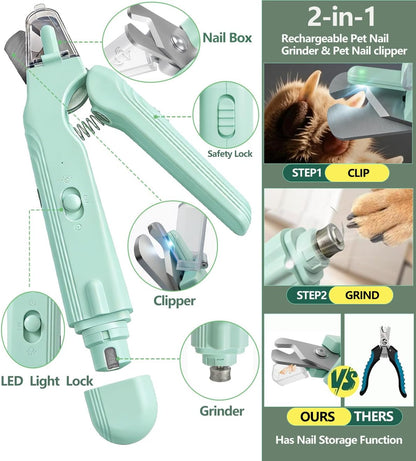 2-in-1 Dog Nail Clipper & Nail Grinder with 2 LED Lights Splash Guard for Large Medium Small Cats Dogs Pets Paw Trimmer Claw Grinders USB Rechargeable White