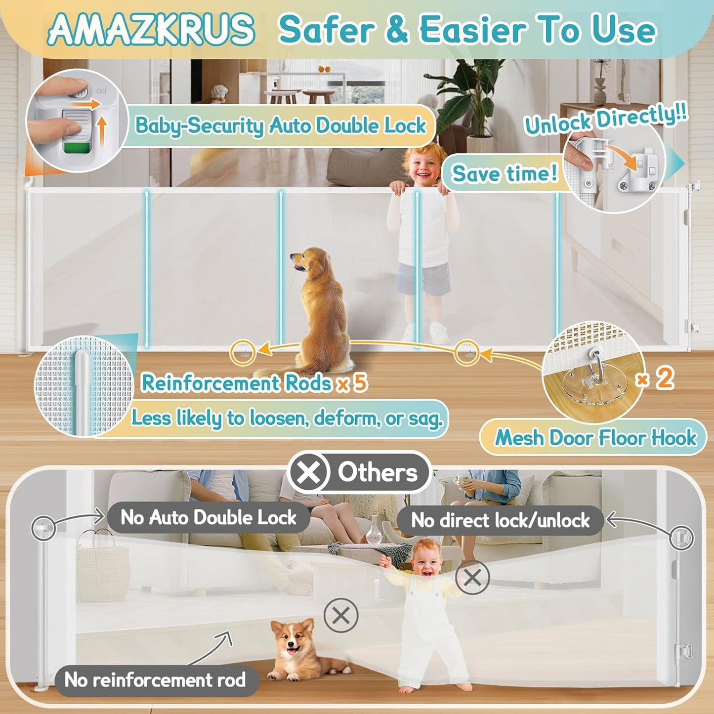 160 Inch Retractable Baby Gates Extra Wide, 42 Inch Extra Tall Retractable Gate, 13 FT Reinforced Retractable Dog Gate with Reinforcement Rod to Prevent Crawling Through, for Doorways, Stairs, Hallway