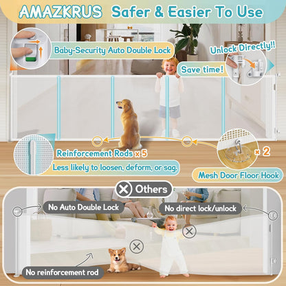 160 Inch Retractable Baby Gates Extra Wide, 42 Inch Extra Tall Retractable Gate, 13 FT Reinforced Retractable Dog Gate with Reinforcement Rod to Prevent Crawling Through, for Doorways, Stairs, Hallway