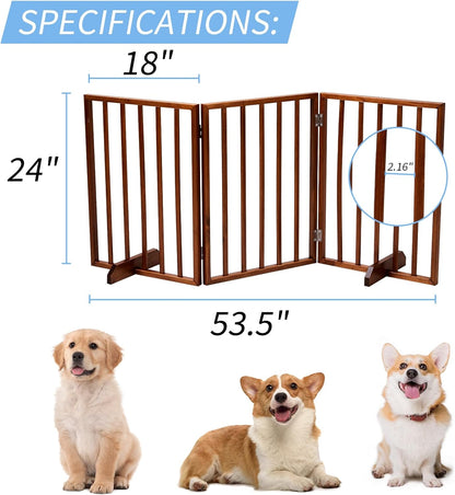 BONNLO Free Standing Dog Gate Indoor, Foldable Pet Gate for Dogs and Puppy, 24" Height Wooden Dog Gates for Doorways Extra Wide/Stairs/Hallways (Walnut, 3 Panel)