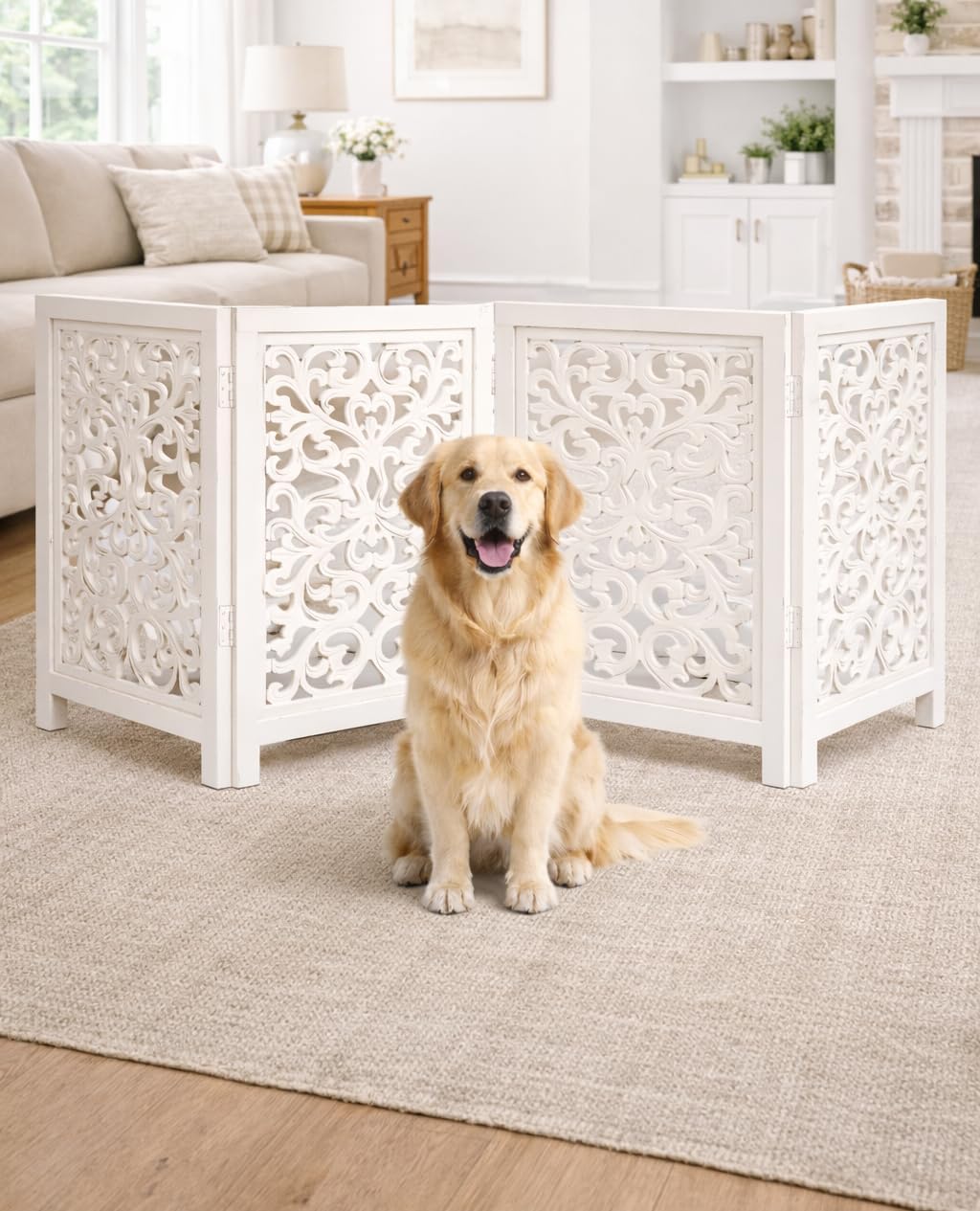 Freestanding Pet Gate for Dogs, Foldable Wooden Dog Gate for House, Indoor Dog Gate for Stair, Doorway, House Design Gates for Dogs Indoor, 72 Inch Wide, (18" x4 Panels 72 inch), Burnt Finish