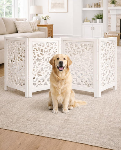 Freestanding Pet Gate for Dogs, Foldable Wooden Dog Gate for House, Indoor Dog Gate for Stair, Doorway, House Design Gates for Dogs Indoor, 72 Inch Wide, (18" x4 Panels 72 inch), Burnt Finish