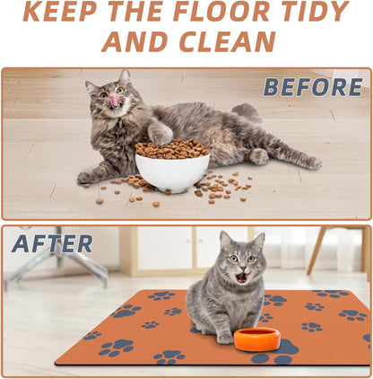 18"×30" Dog Food Mat-Absorbent Dog Mat for Food and Water, No Stains Quick Dry Cat Food Bowl Mat with Footprints for Messy Drinkers,Dark Grey