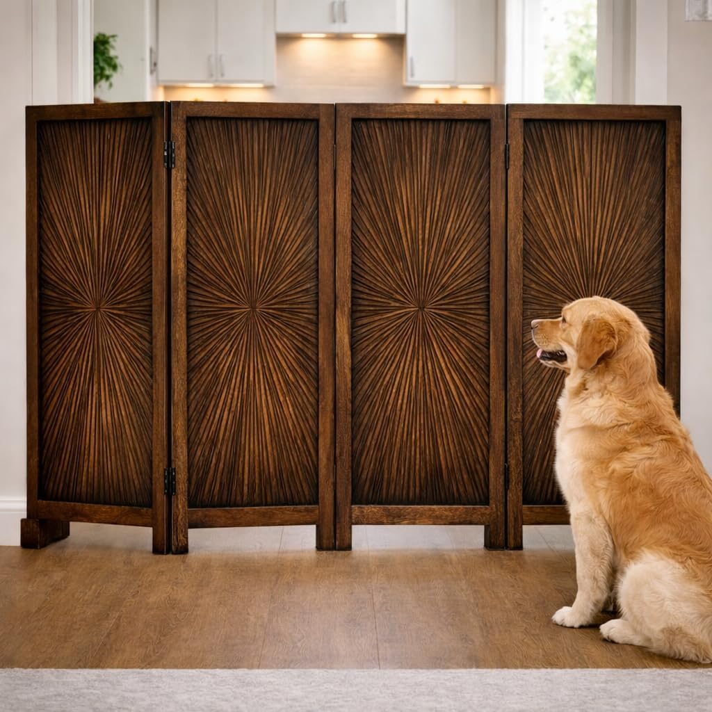 Freestanding Pet Gate for Dogs, Foldable Wooden Dog Gate for House, Indoor Dog Gate for Stair, Doorway, House Design Gates for Dogs Indoor, 72 Inch Wide, (18" x4 Panels 72 inch), Burnt Finish
