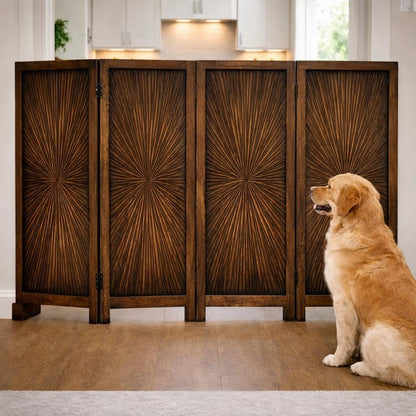 Freestanding Pet Gate for Dogs, Foldable Wooden Dog Gate for House, Indoor Dog Gate for Stair, Doorway, House Design Gates for Dogs Indoor, 72 Inch Wide, (18" x4 Panels 72 inch), Burnt Finish