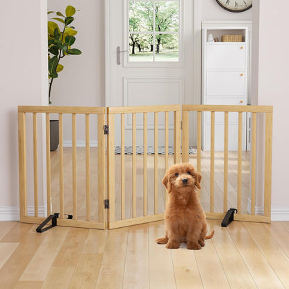 Freestanding Dog Gates Indoor, 3-Panel Pet Gates with 2 Metal Stands and 360° Hinge, 24" H Foldable Dog Gate for Stairs, Doorway, Kitchen, Expands Up to 55" Fully Assembled - Black Walnut