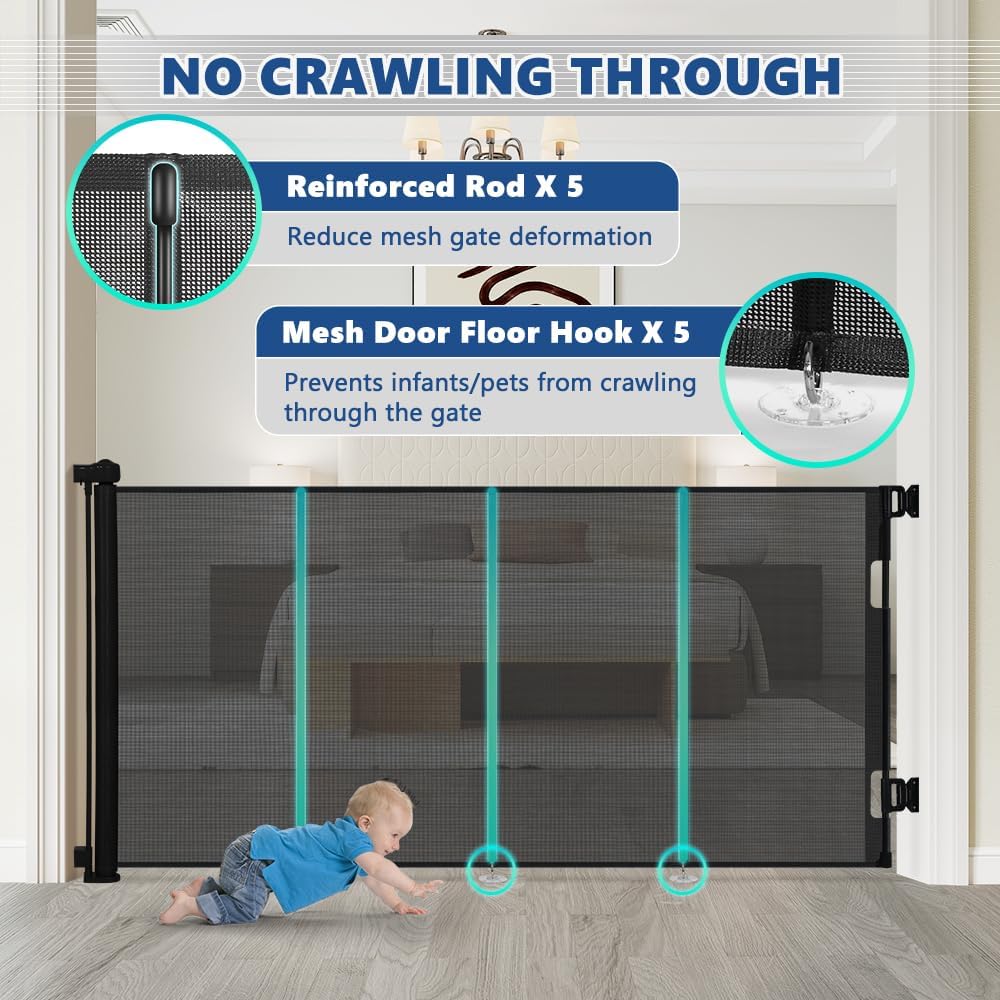 AGESISI Retractable Baby Gate Extra Wide, 149” Wide x 41” Tall Mesh Dog Gates for Stairs & Doorways, Pet Dog Fences One-Hand Operation Child Safety Gate for Indoor or Outdoor, Easy Installation, Black