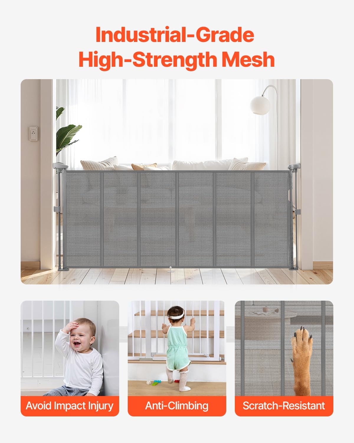 VEVOR Retractable Baby Gate, 34 inch Tall, Extends up to 110 inch Wide, Retractable Gate for Kids or Pets, Mesh Material, Easy to Install for Indoor Stairs, Doorways, Hallways, Playrooms, Gray