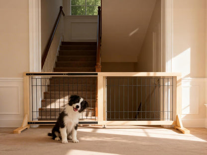 Extra Wide Freestanding Dog Gate, Adjustable Width 31.5"–61", 19.7" Tall Indoor Pet Gate for Kitchen, Living Room & Stairs, Wooden Metal Frame No-Drill Pet Barrier