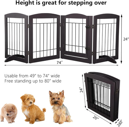 PAWLAND Free Standing Dog Gates for The House Stairs Doorways Indoor Foldable Wooden Small White Puppy Pet Gate Step Over Fence 60" W 24" H 3 Panels