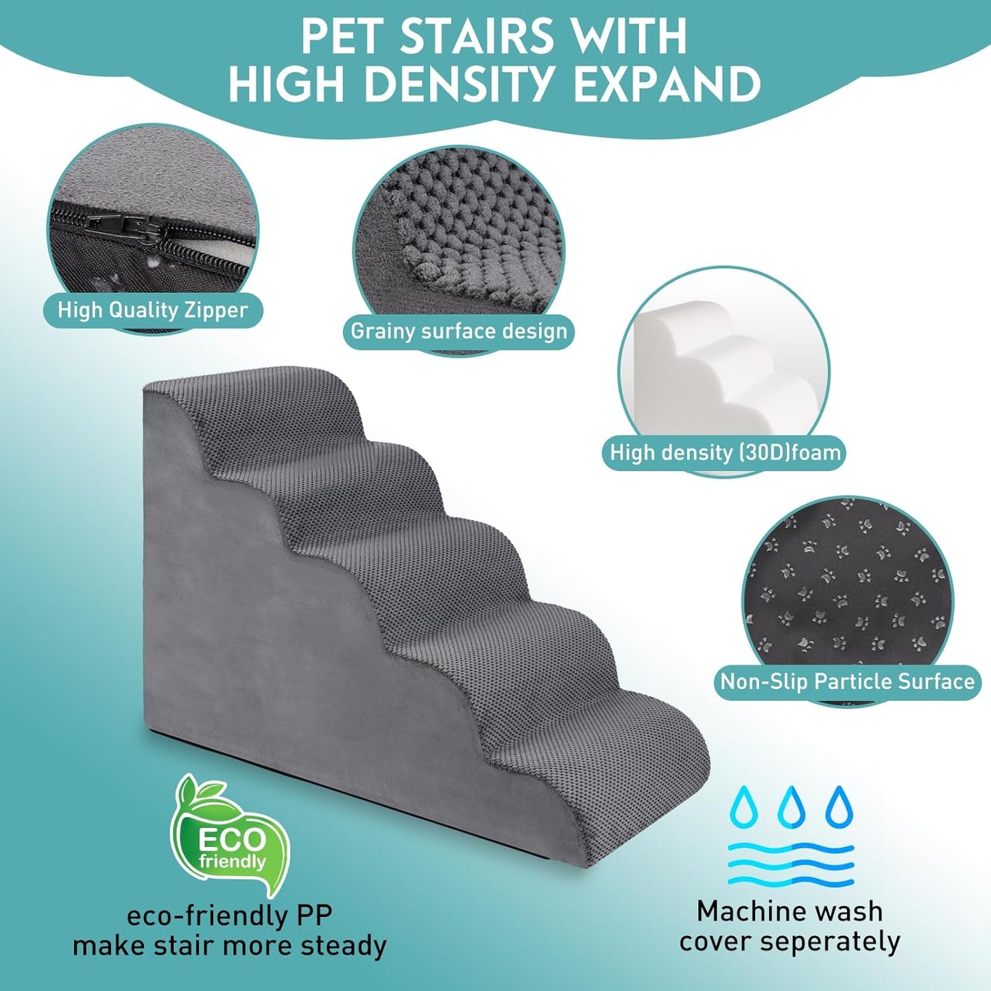 Dog Stairs for Small Dogs,15.7" H Pet Stairs 3-Steps Ramp for Puppy, Older Cat, Stairs with Whole 30D High Density Foam, Corduroy Fabric, Non-Slip Bottom Dog Steps for Bed and Couch (Grey, 3-Step)