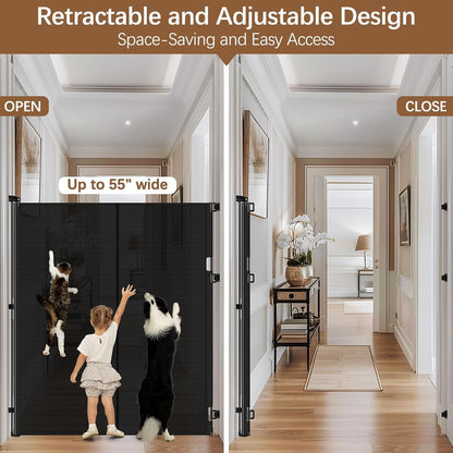 Reinforced 60 Inch Extra Tall Cat Gate Retractable Dog Gate - No Jumping Over/Crawling Under, 55" Wide Retractable Baby Gates for Cats with Reinforced Rods, 5ft Tall Dog Gate Indoor Cat Barrier/Black