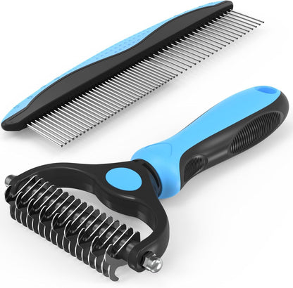 Pet Grooming Brush and Metal Comb Combo, Cat Brush Dog Brush for Shedding, Undercoat Rake for Dogs Grooming, Dematting Deshedding Brush Dogs Shedding Tool for Long matted Haired Pets, Gray (Gray)