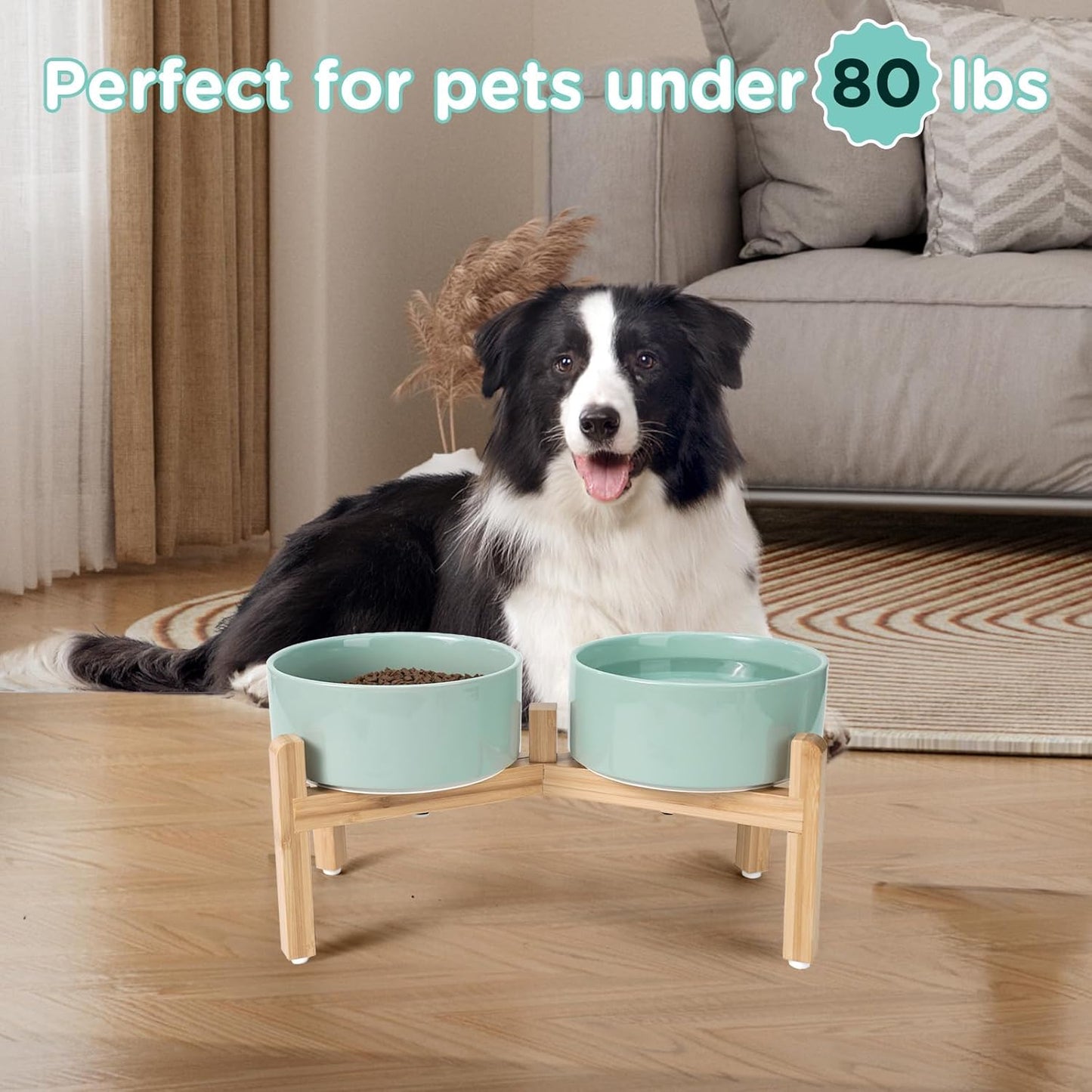 SPUNKYJUNKY Elevated Dog Bowls Ceramic, 6.1'' Dogs and Cat Food Water Bowls Raised with Non-Slip Bamboo Stand for Medium Sized Breed Microwave Dishwasher Safe - 28.7 OZ,Beige