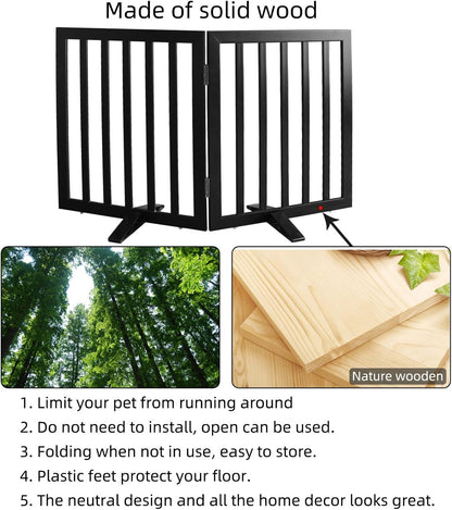 ZJSF Freestanding Indoor Dog Gate for House Foldable Wood Puppy Gate for Doorways Pet Gate for Stairs Extra Wide Pet Fence, Brown, 24" Height 3 Panels