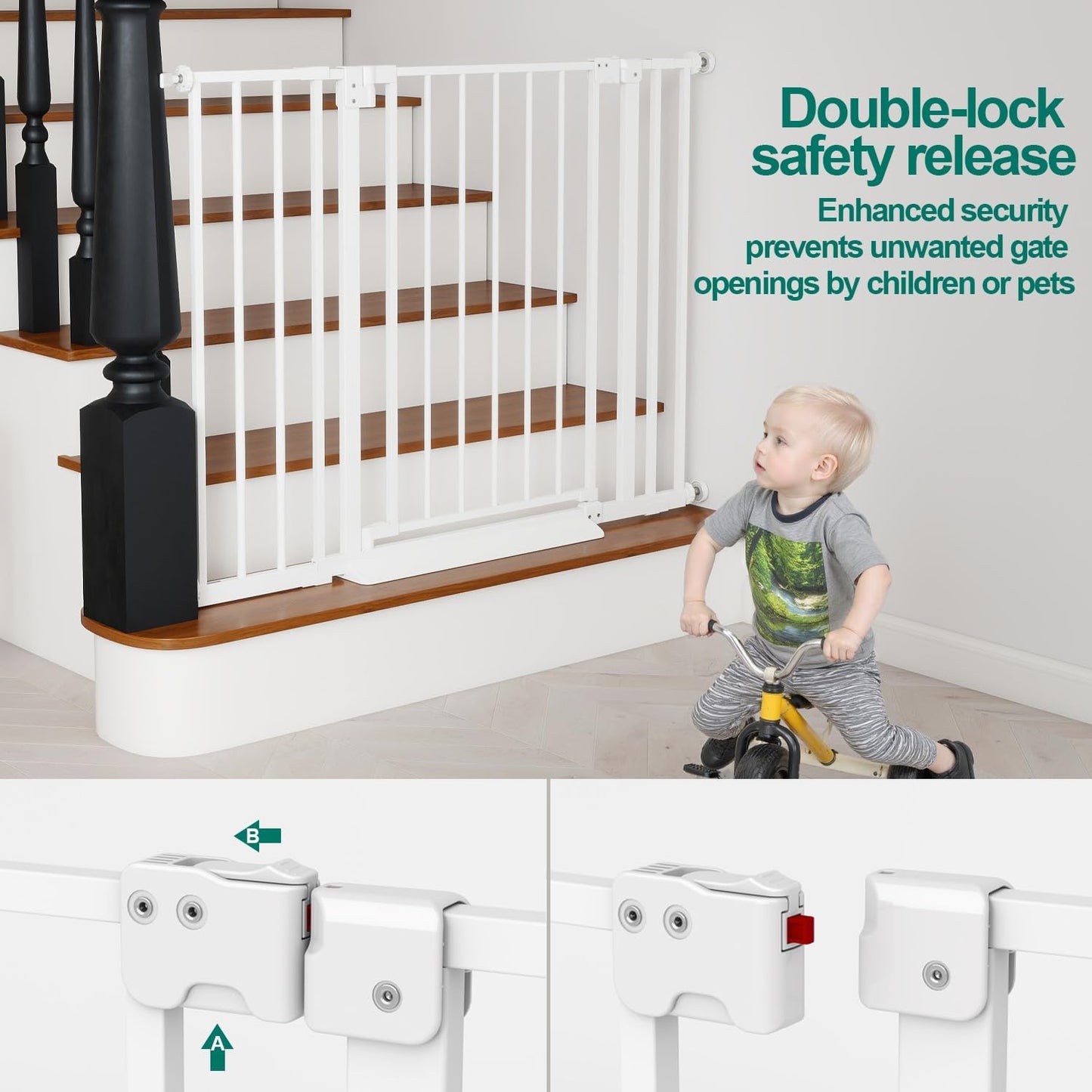 Miumoon 29.7-46" Baby Gate for Stairs with Banister Adapter Y-Spindle Rods, 30.5" Tall, Easy-Install Pressure Mounted Baby Gate for Doorways, Auto-Close Dog Gate Indoor for Child and Pets