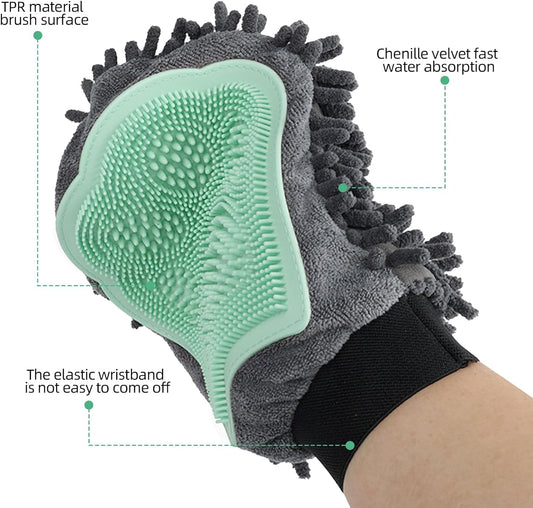 Green Double-Sided Dog Bath Glove Dog Washing Glove Massage Dog Brush Glove for Dogs and Cats Chenille Absorbent Pet Towel Mitt Pet Grooming Glove for Hair Removal Glove