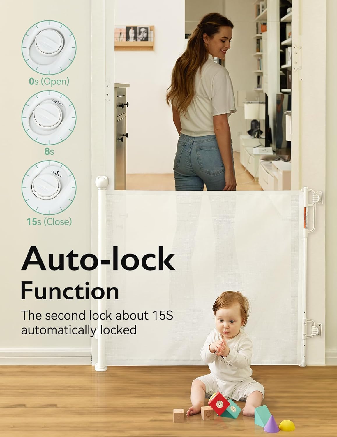 Momcozy Auto Lock Retractable Baby Gate, Safety Gate for Baby and Pet, 33” Tall, Extends to 55” Wide, Mesh Safety Dog Gate for Stairs, Indoor, Outdoor, Doorways, Hallways