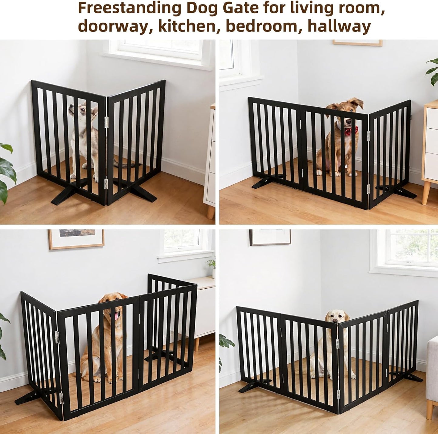 ZJSF Freestanding Indoor Dog Gate for House Foldable Wood Puppy Gate for Doorways Pet Gate for Stairs Extra Wide Pet Fence, Brown, 24" Height 3 Panels