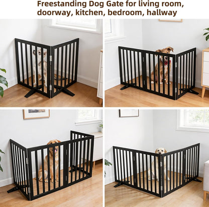 ZJSF Freestanding Indoor Dog Gate for House Foldable Wood Puppy Gate for Doorways Pet Gate for Stairs Extra Wide Pet Fence, Brown, 24" Height 3 Panels