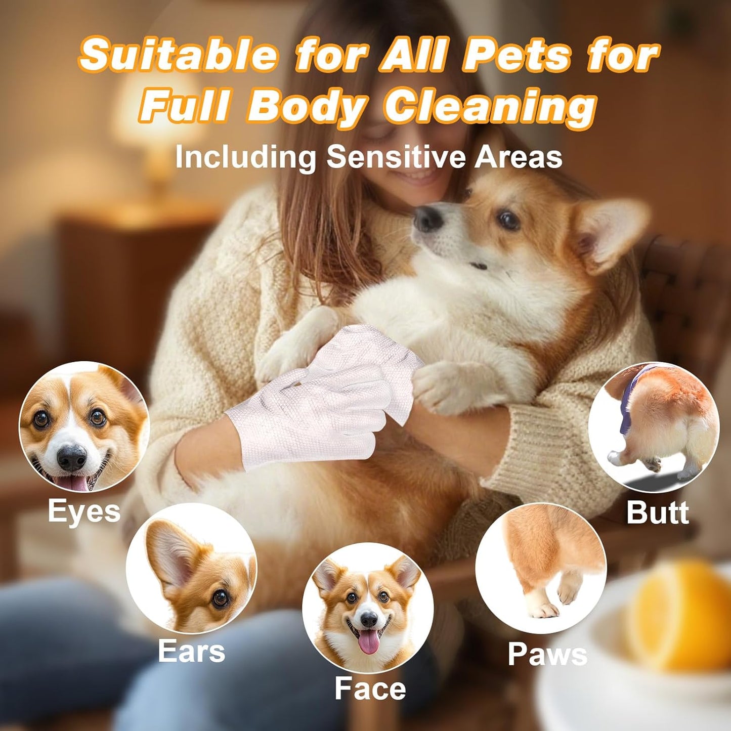 Pet Glove Wipes for Dogs and Cats, Deodorizing Cleaning Gloves, Hypoallergenic Coconut Oil Grooming Wipes, Individually Wrapped, for Pet Dry Cleaning, Daily Care and Travel, 18 Pcs