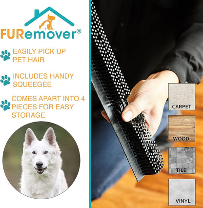 FURemover Sweep Pet Hair Rubber Broom with Squeegee and Attachable Microfiber Cloth and 47” Handle for Tile, Carpet and Hardwood