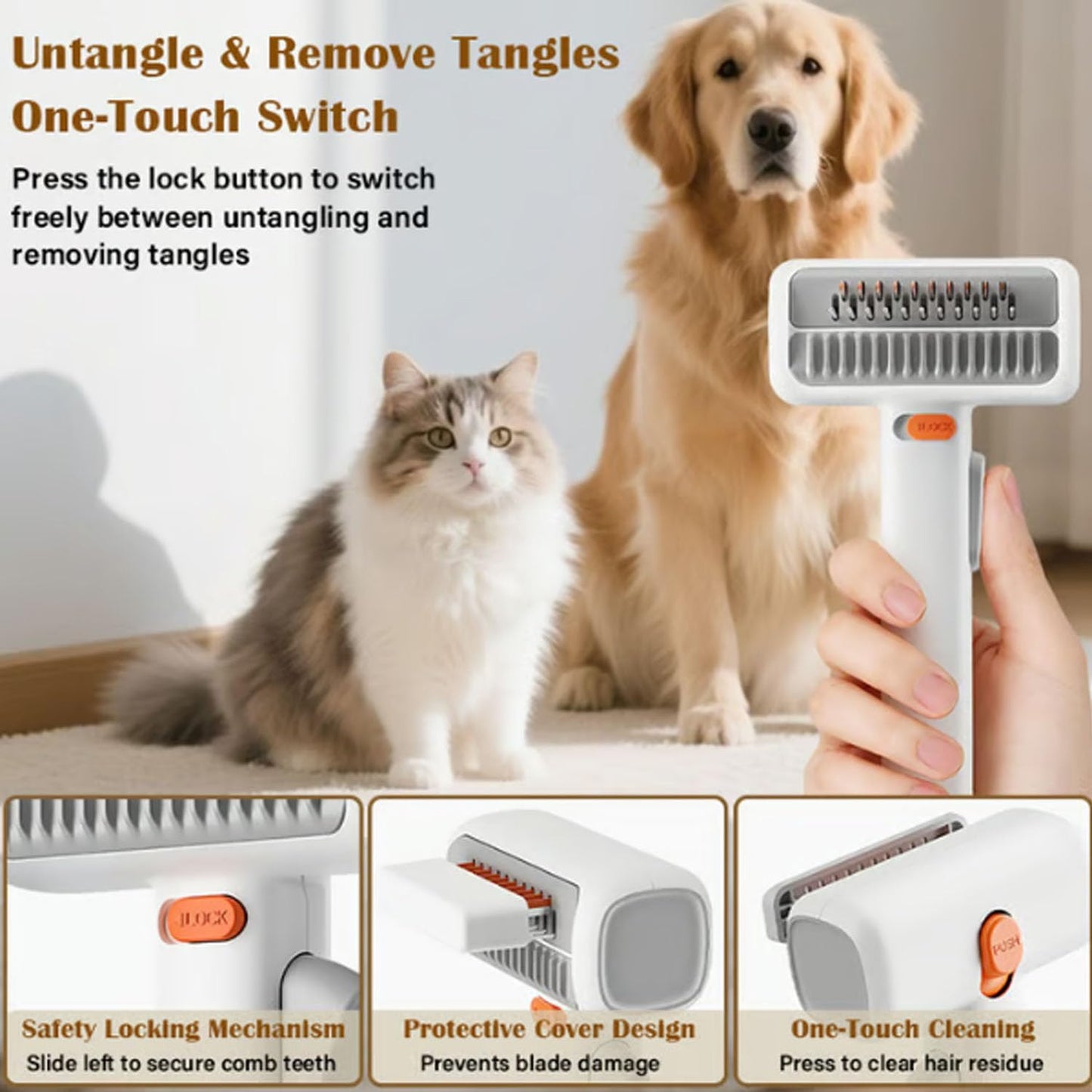 2-in-1 Pet Self-Detangling & Grooming Comb - Cats & Dog Dematting Brush & Undercoat Rake, Gentle Undercoat Rake & Brush for Long or Short Hair, Removes Mats, Tangles & Loose Fur, Ultimate Care (1Pcs)
