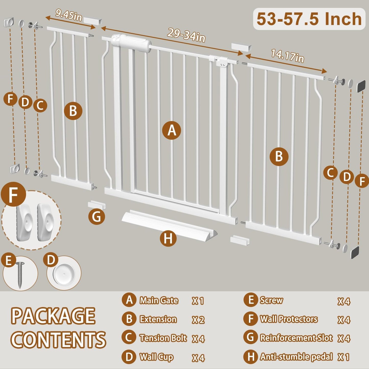 Fairy Baby Extra Wide Baby Gate for Dogs Pressure Monuted Safety Gate for Living Room, Fits 62 Inch to 67 Inch with No Drill Auto Close Dog Gate for Doorways, White