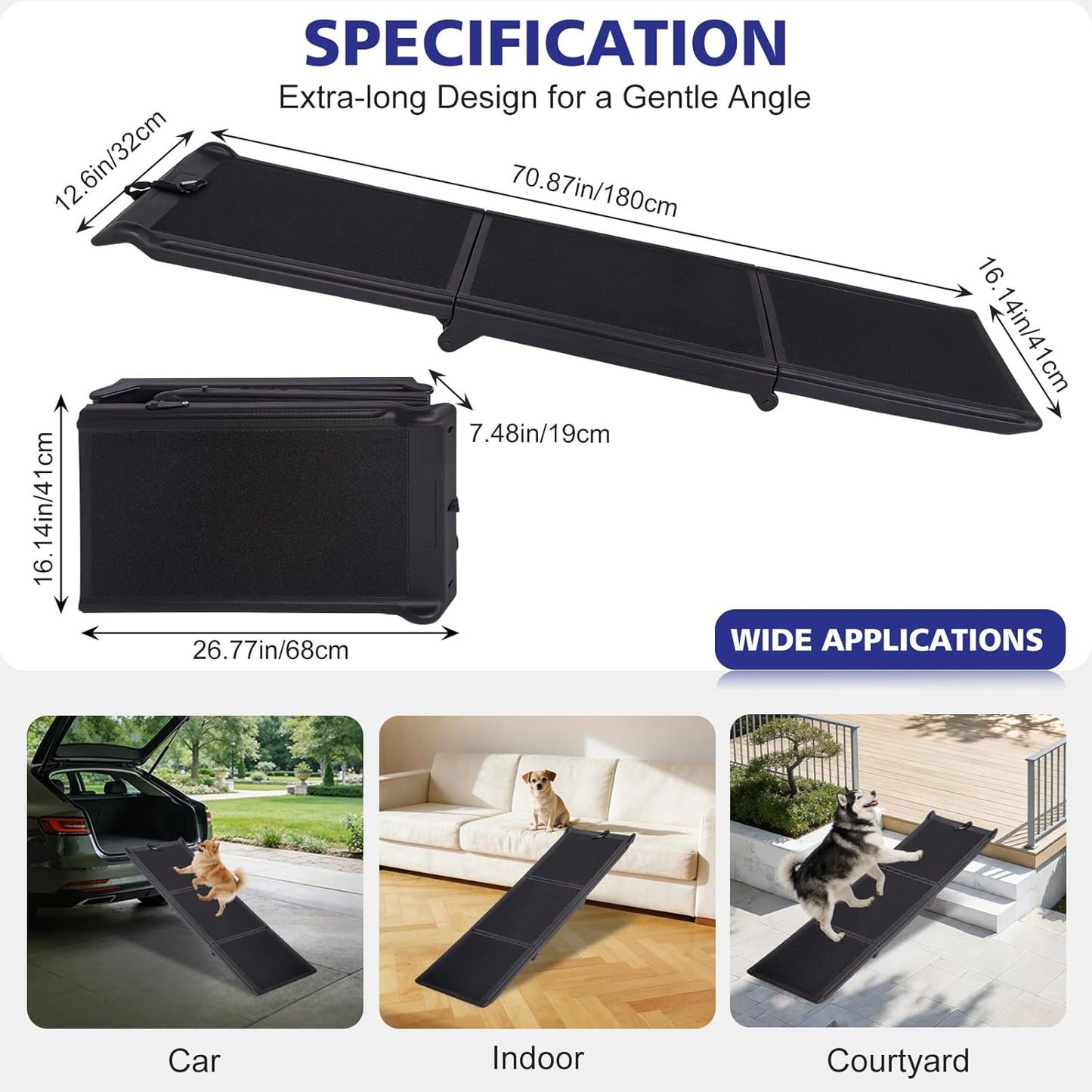 Foldable Dog Ramp for Car, 71" L & 17" W Folding Dog Ramps with Non-Slip Surface, Pet Ramp for SUV & Truck, Portable Dog Step Ramp for Large Dogs, 250 LBS Weight Capacity