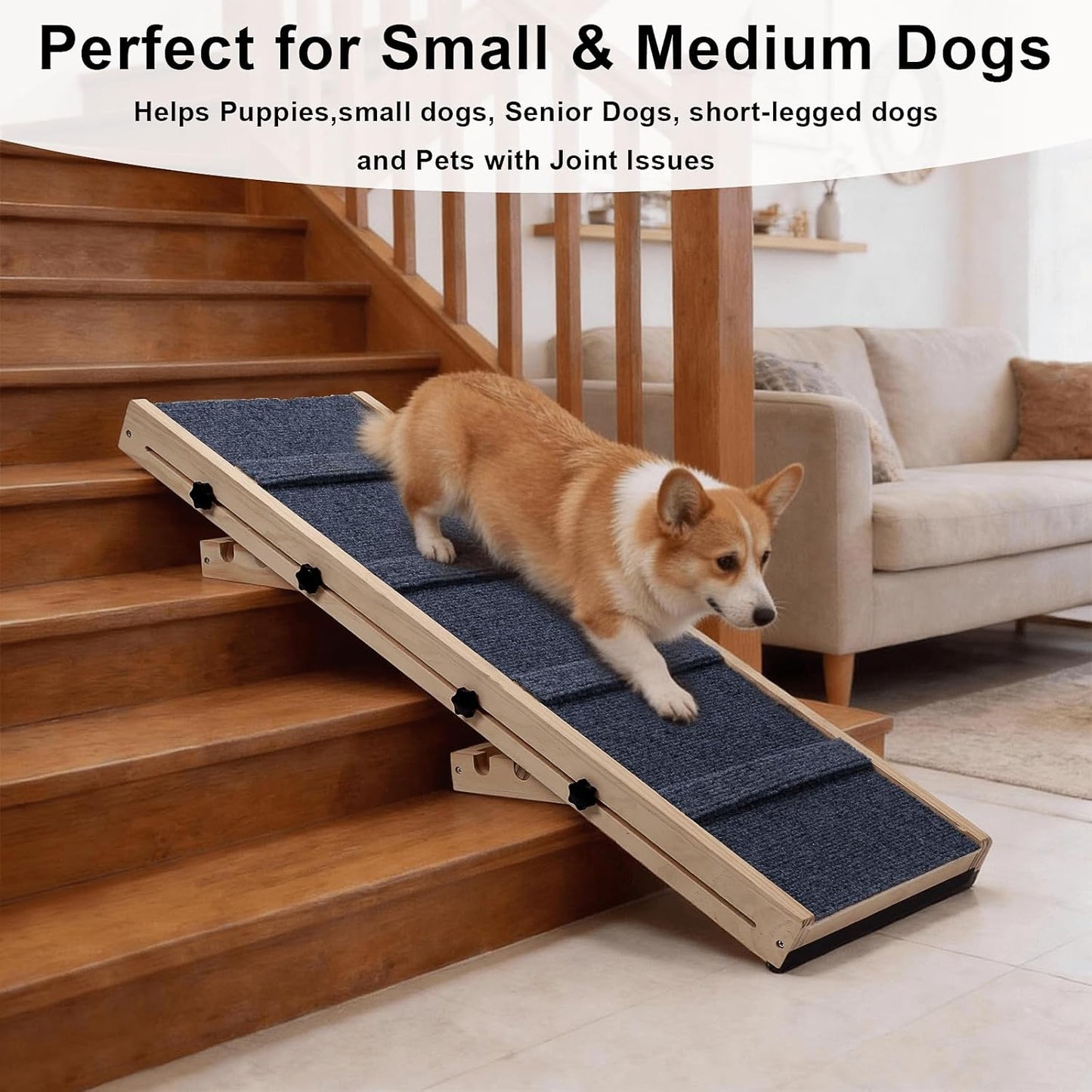 Dog Ramp for Stairs – 36×14 inch Wooden Adjustable Pet Ramp for Small & Medium Dogs, Nonslip Folding Dog Stair Ramp with Safety Carpet Surface for Indoor Steps and Home Use (1, 36 '' × 14 '')